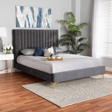 Baxton Studio Serrano Glam and Luxe Grey Velvet Upholstered and Gold Metal Queen Size Platform Bed 214-10944-ZORO